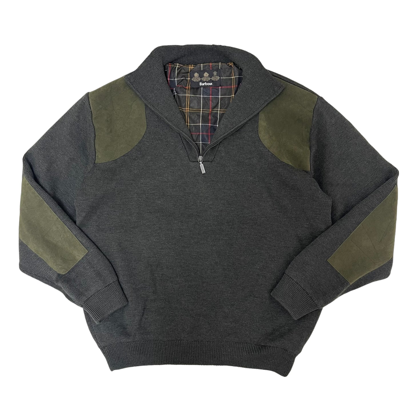 GC233 Barbour ニット セーター ハーフジップアップ トップス エルボーパッチ ダークグレー ウール100% メンズ サイズXXL