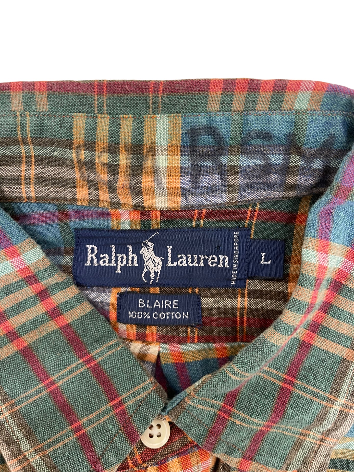 GC82 90s RALPH LAUREN BLAIRE チェックシャツ シャツ 総柄 グリーン×オレンジ×レッド×ブラウン メンズ サイズL
