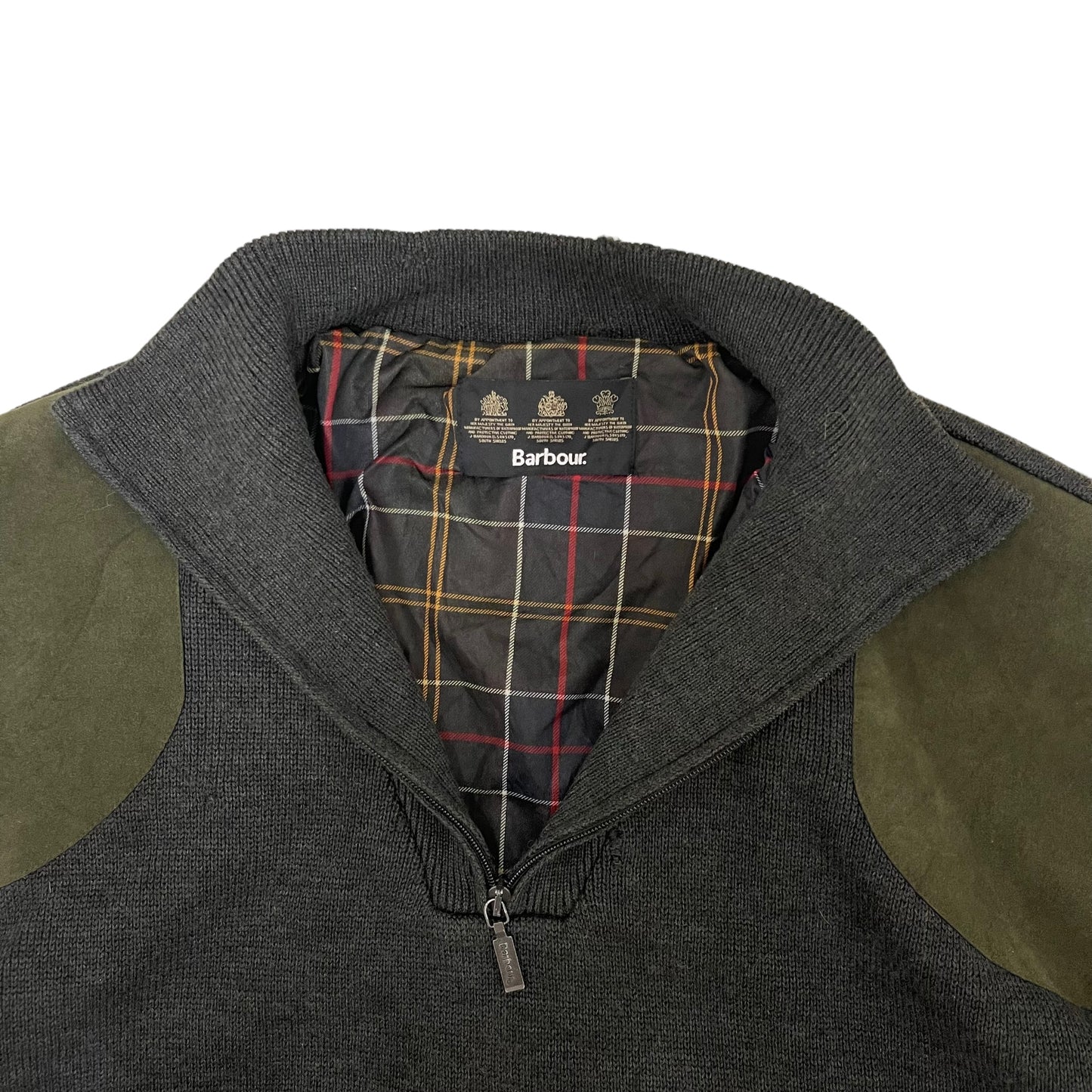 GC233 Barbour ニット セーター ハーフジップアップ トップス エルボーパッチ ダークグレー ウール100% メンズ サイズXXL