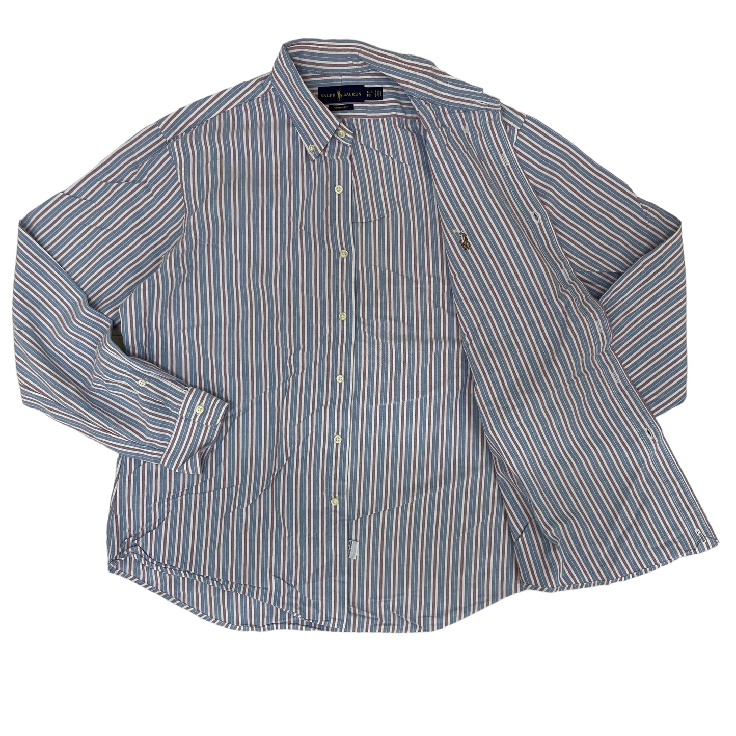 GC85 RALPH LAUREN CUSTOM FIT シャツ ストライプ 水色×赤茶 メンズ サイズXL