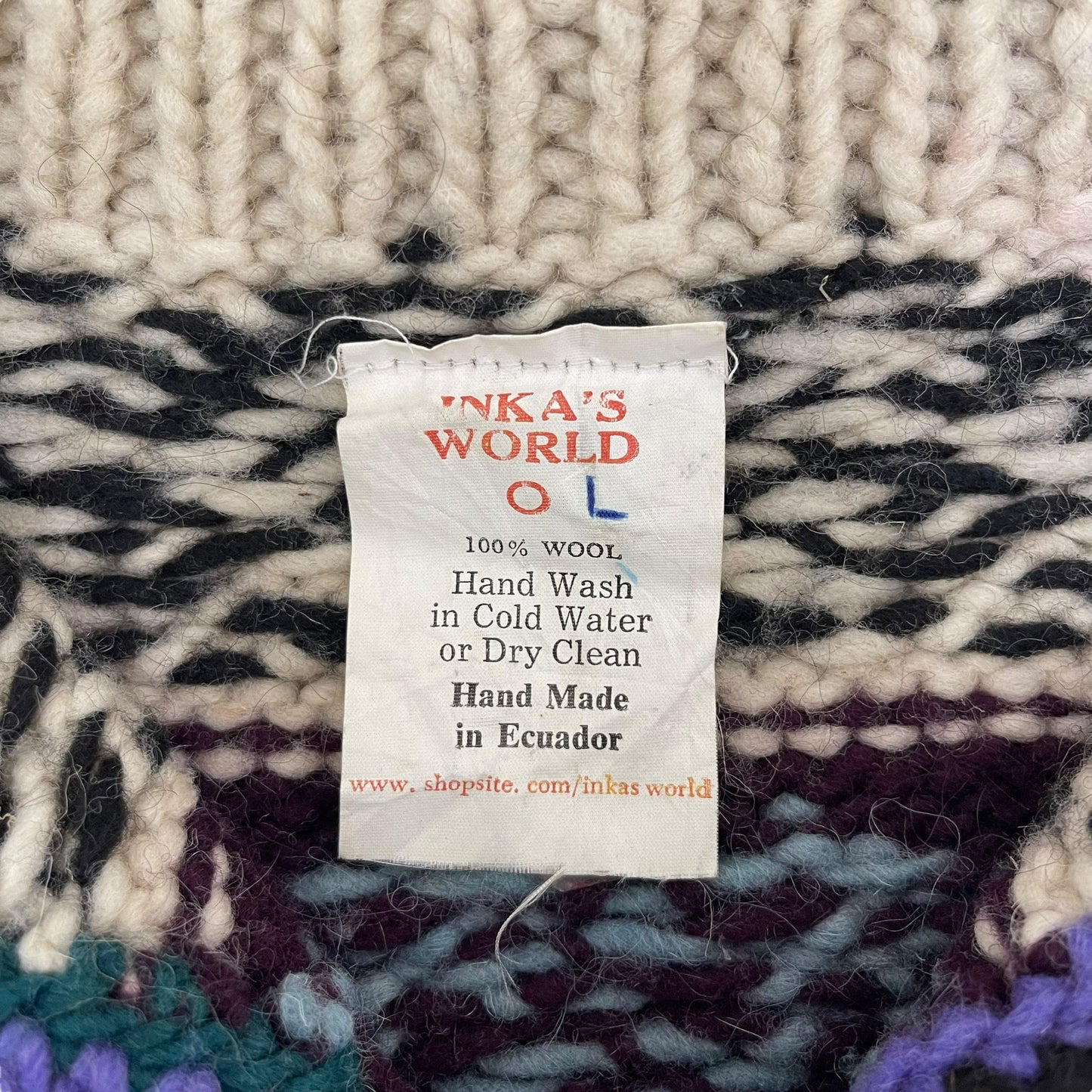 GC193 エクアドル製 INKA'S WORLD Hand Made ニット セーター トップス ウール100% 総柄 メンズ サイズLL