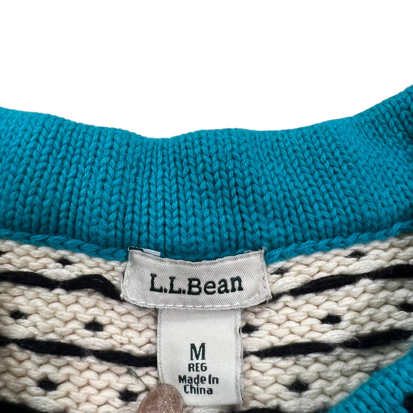 GM112 L.L.Bean エルエルビーン 長袖 ニット カーディガン ブラック 水色 ホワイト 総柄 レディース M