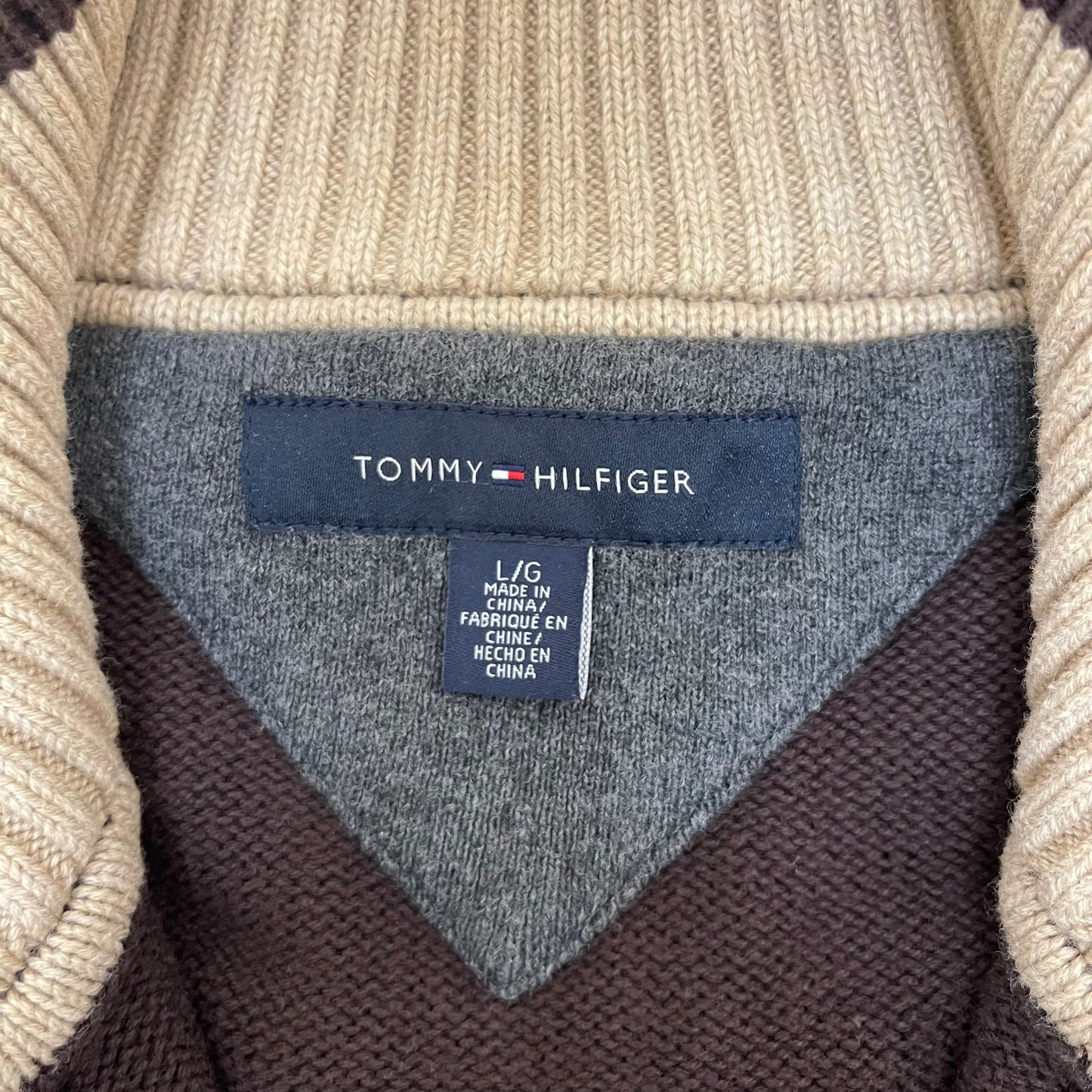 GC314 TOMMY HILFIGER コットン100% ニット セーター ハーフジップアップ ブラウン メンズ サイズL