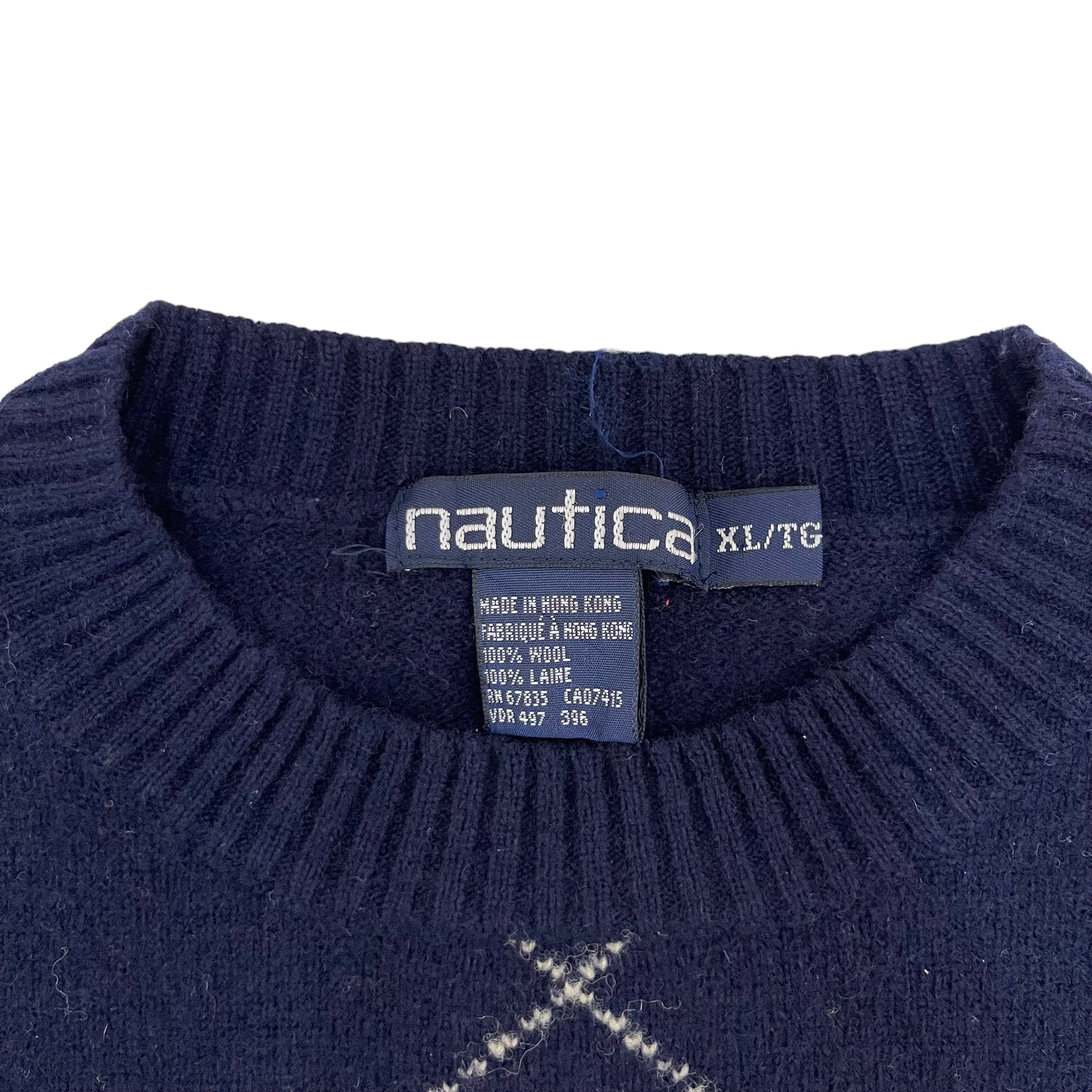 GC178 nautica ニット セーター プルオーバー ウール100% ネイビー×カーキ×赤茶×ベージュ×ブラウン メンズ サイズXL