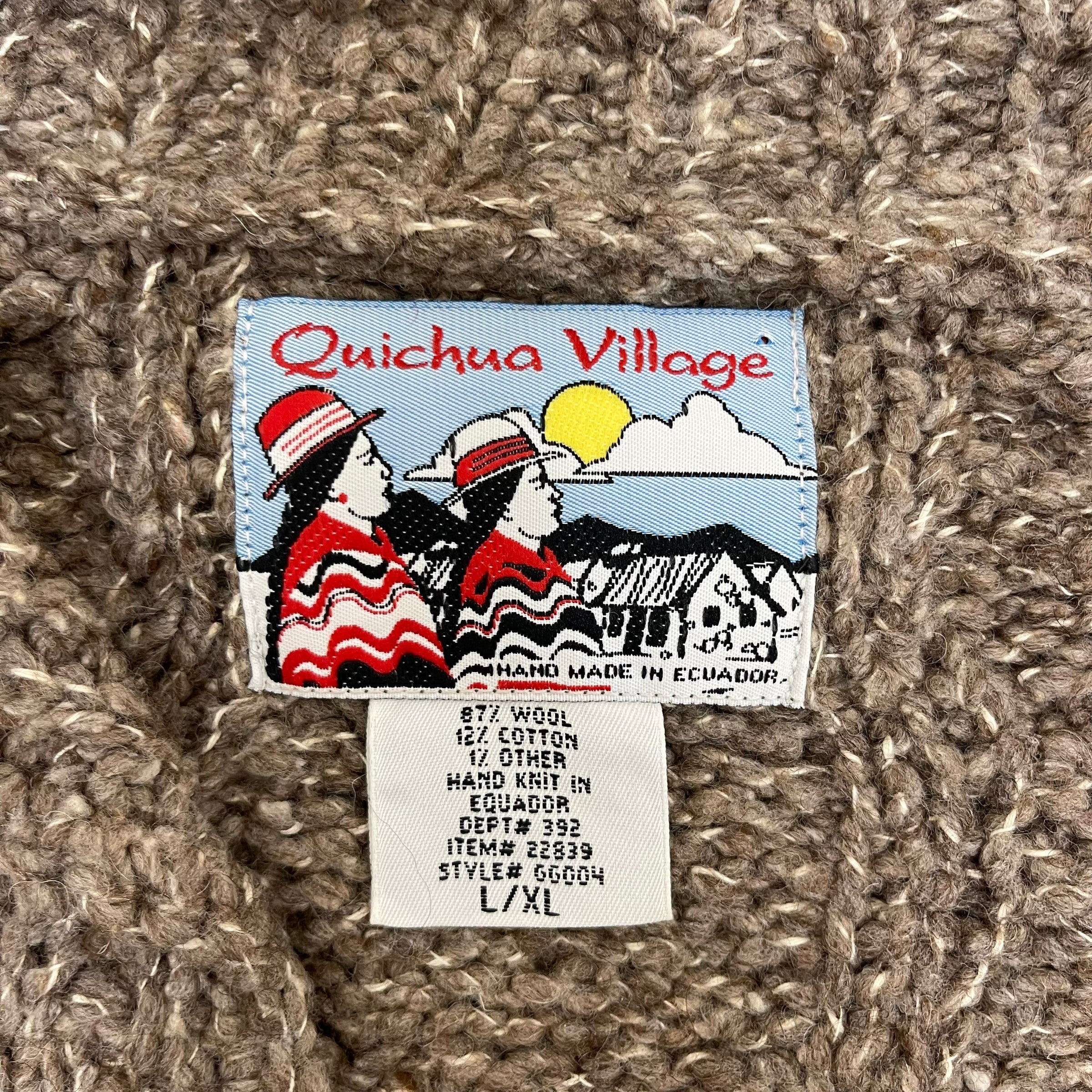 GC133 ハンドメイド Quichua Village トラディショナルアランセーターカーディガン ニットカーディガン ウール ベージュ メンズ  サイズL/XL