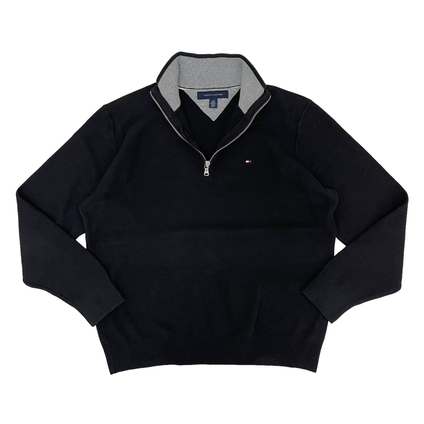 GC310 TOMMY HILFIGER コットン100% ニット セーター トップス ハーフジップアップ ブラック メンズ サイズL