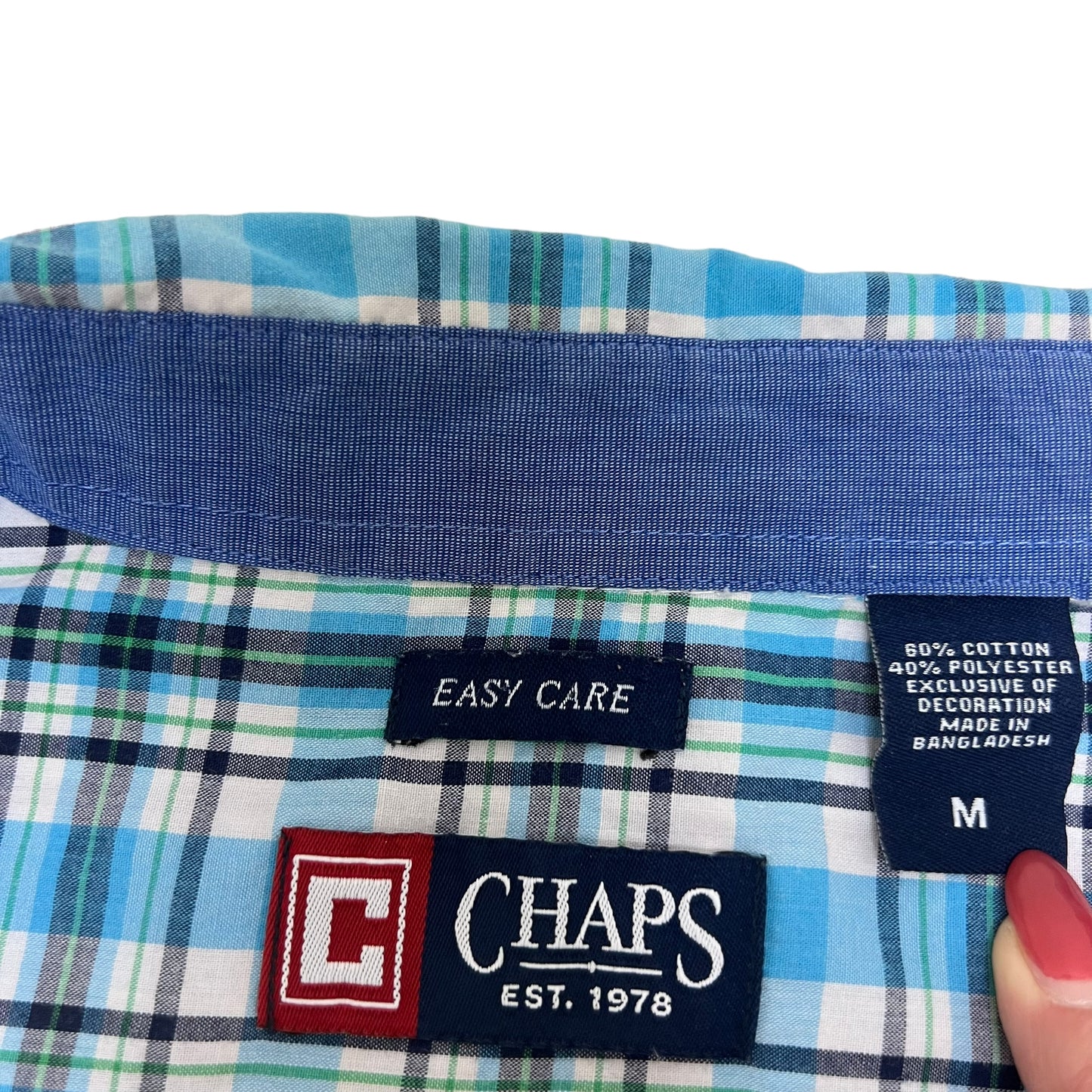 GM422 CHAPS チャップス EASY CARE 半袖 ボタンダウンシャツ 羽織り トップス 水色系 総柄 メンズ M